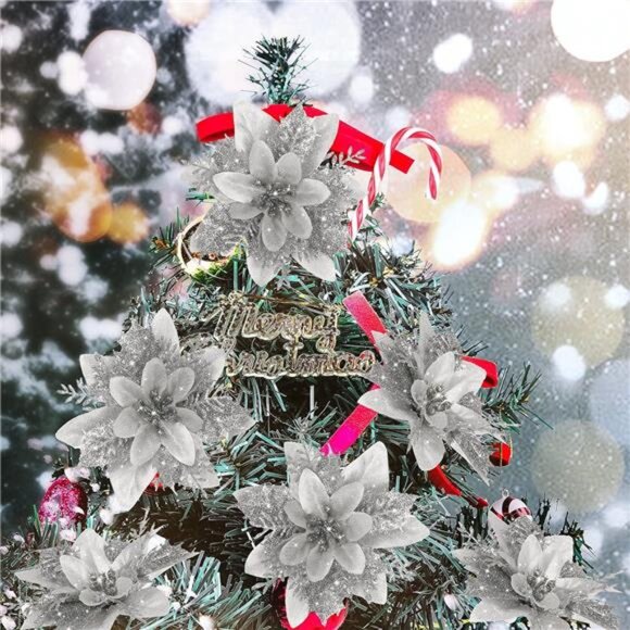 15 PCS Silver Poinsettia Flower Artificial Poinsettia with Clips Christmas Decor - Picture 2 of 7